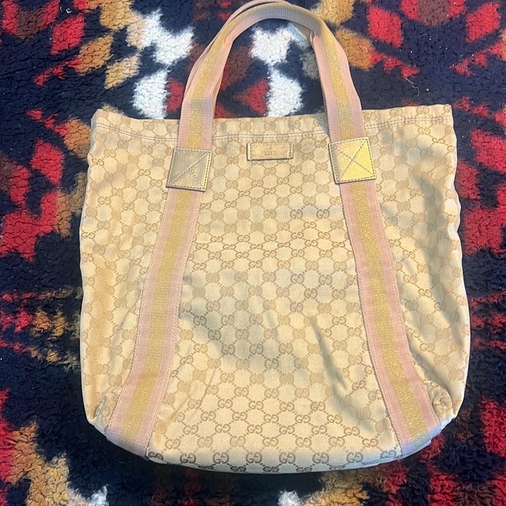 GUCCI GG Vintage canvas tote bag shoulder khaki beige pink gold